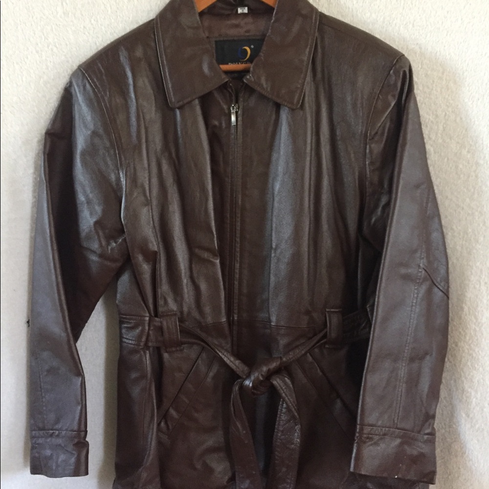 Reddish brown leather coat with waist tie.